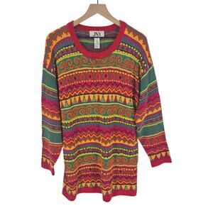 Vintage JNY Abstract Knit Pullover Sweater‎ Bright Multicolor 3D Knit Size S